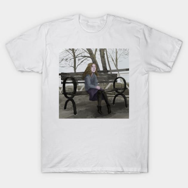 Young Woman on a Bench on a Cloudy Day T-Shirt by PaperRain